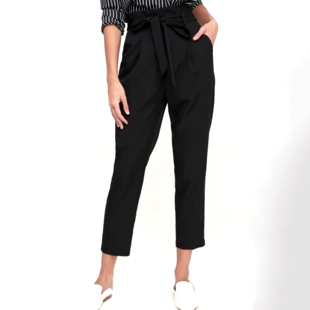 Lulus Paper Bag Waist with Tie Belt Black Trousers